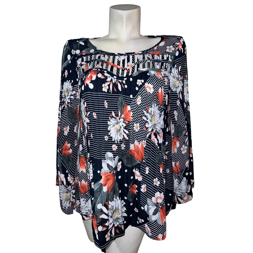 Spense Womens Floral Mixed Print Lattice Neck Bell Sleeve Blouse Black Orange L